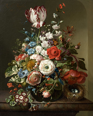 Rachel Ruysch, Vase de fleurs sur un entablement, nid et insectes