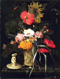 Marie van Oosterwijck, Fleurs dans un vase avec des décorations en relief