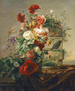 Charlotte Élise Puyroche-Wagner, Perruche dans une cage dorée sous des des fleurs d'été